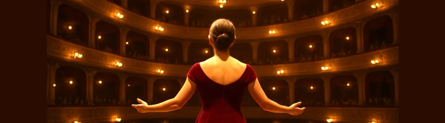 A woman in a red dress on a theatre stage facing the audience
