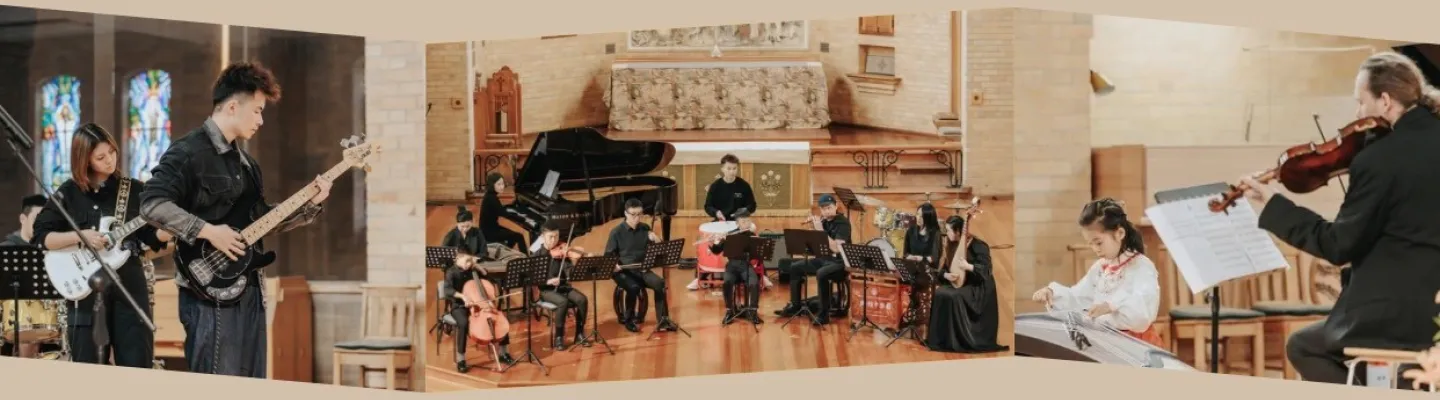A small orchestra of young people playing Western and Chinese instruments