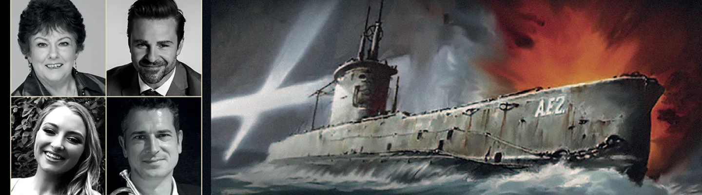 Four actors’ faces in profile on the left, and a large ANZAC military ship on the right.