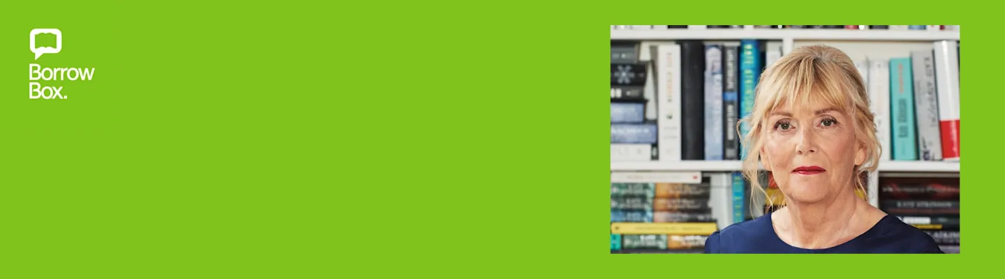 Kate Atkinson standing in front of a books shelf on green background