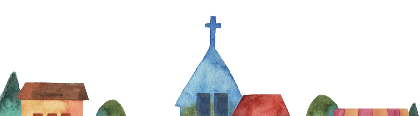 A simple illustration of a church in a small town.