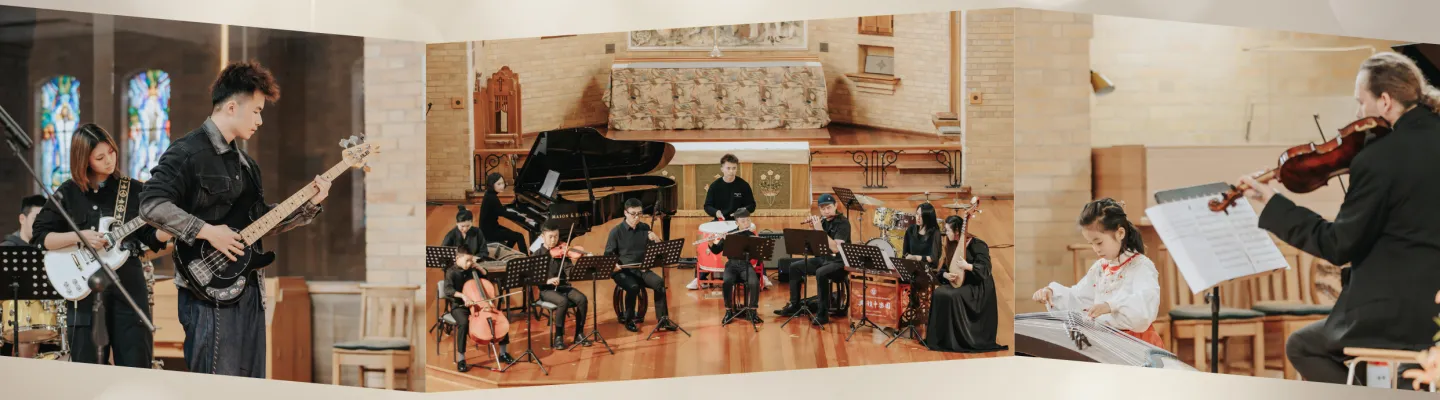 A small orchestra of young people playing Western and Chinese instruments