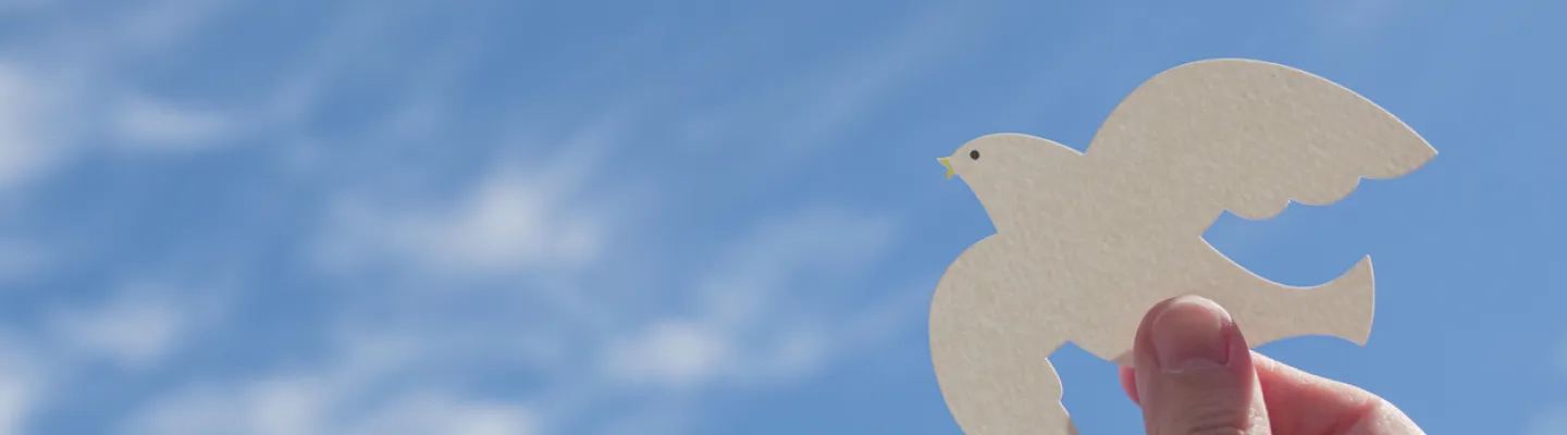 A hand holds a paper dove up to a blue sky.
