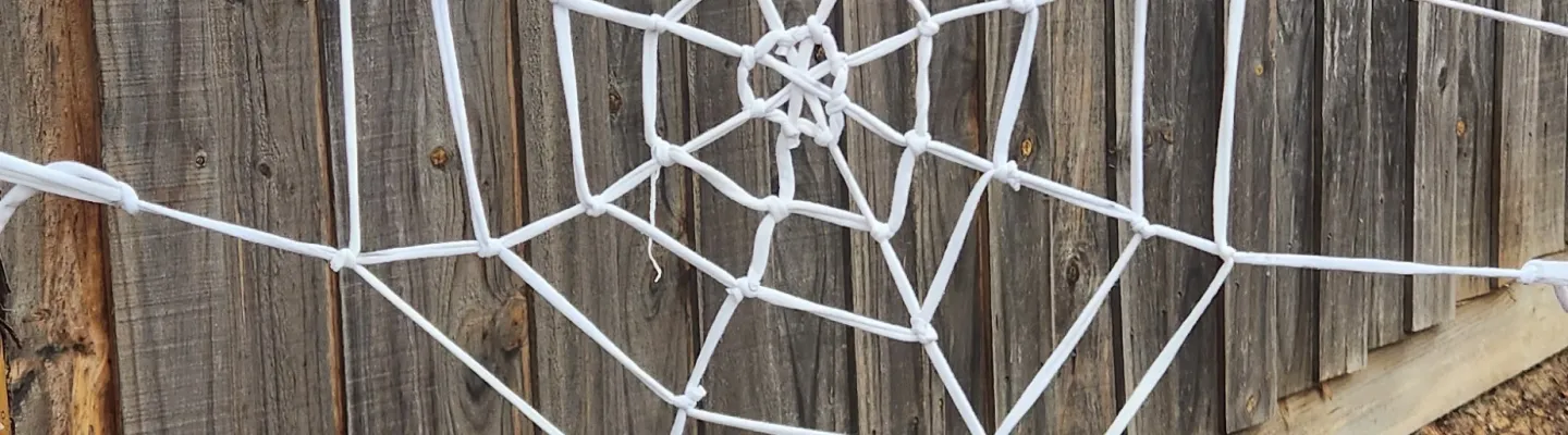 A fabric spider web against a wooden fence.