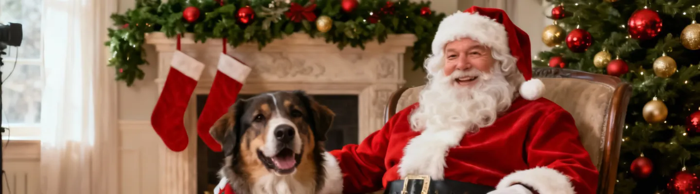 Santa sitting in a chair in front of a fire place with a happy looking dog