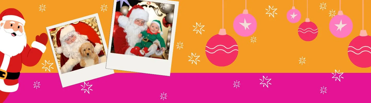 polaroid framed pictures of santa with a dog and a baby on a background of Christmas baubles