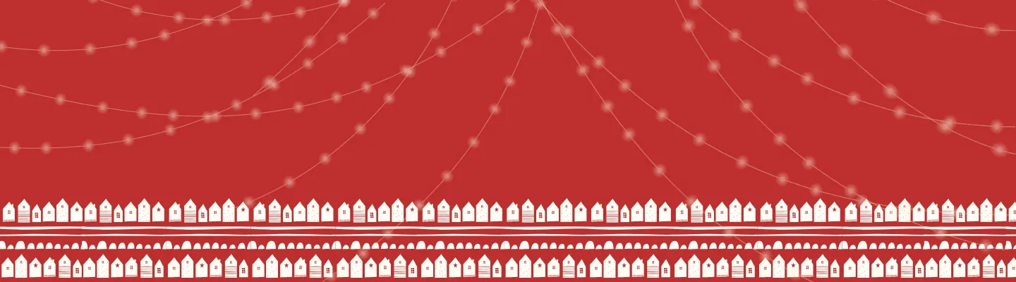 Red background with strings of lights and silhouettes of houses