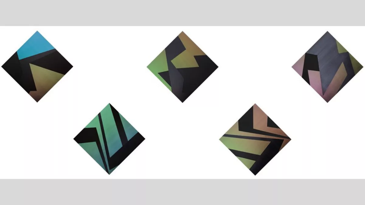 Abstract white rectangle landscape view with 5 diamond shapes with geometric colours inside