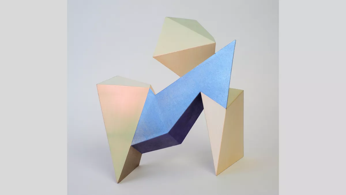 Abstact dark and light shapes. Thick 3d triangle blocks balancing together. 