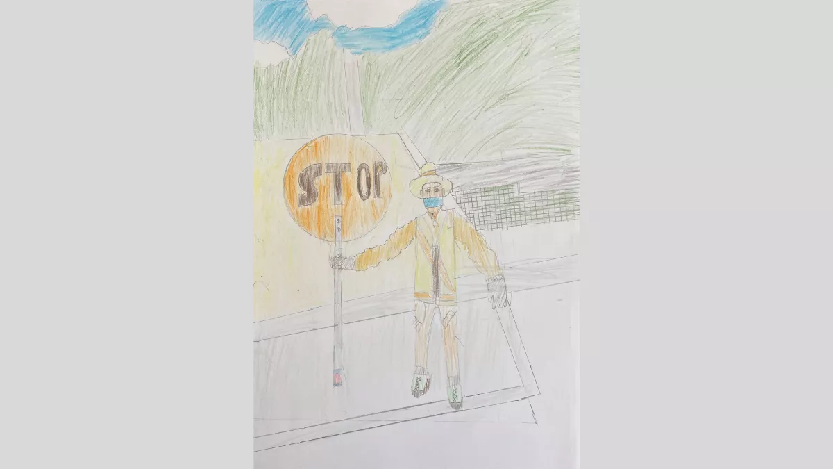 A pencil drawing of a school crossing supervisor holding a stop sign.