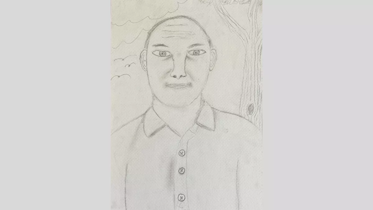 Pencil drawing of Dad. He is wearing a collared shirt and has short hair. He is standing in front of a tree.