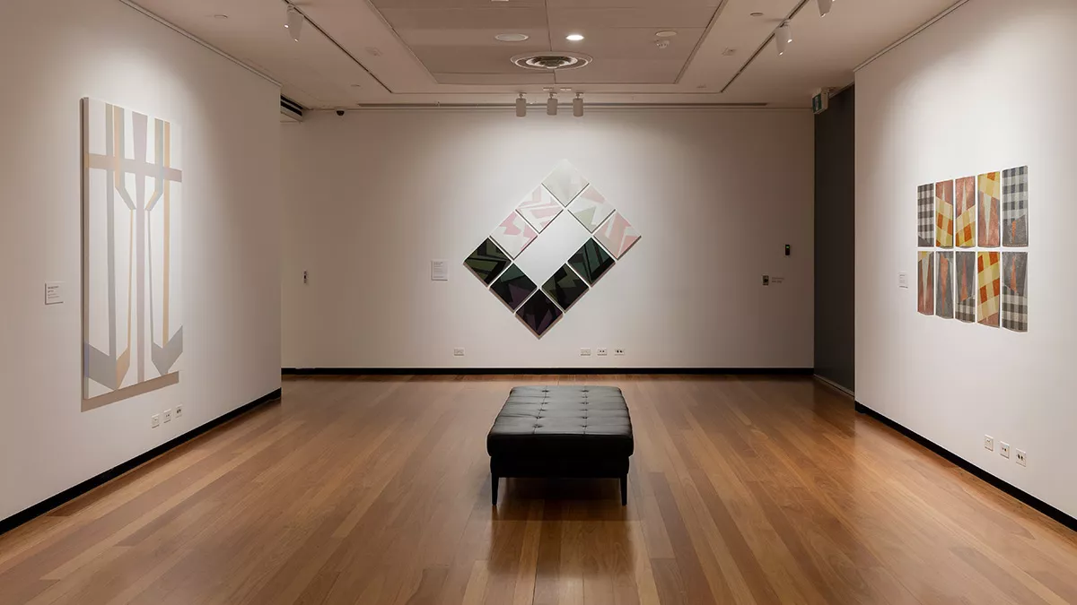 Installation view of 'Light Gestures' at Town Hall Gallery. Abstract geometric painting on the walls. 