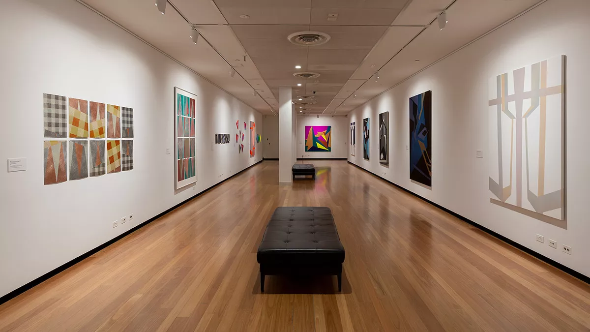 Installation view of 'Light Gestures' at Town Hall Gallery. Abstract geometric painting on the walls.