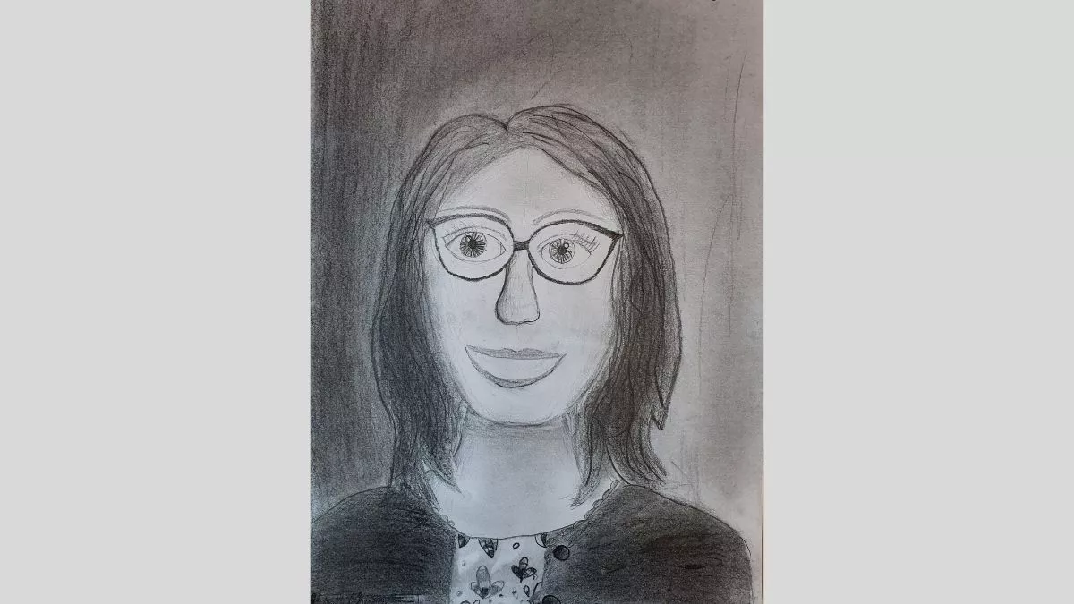 Graphite drawing of Miss Abraham. She is wearing round glasses and a cardigan and is smiling.