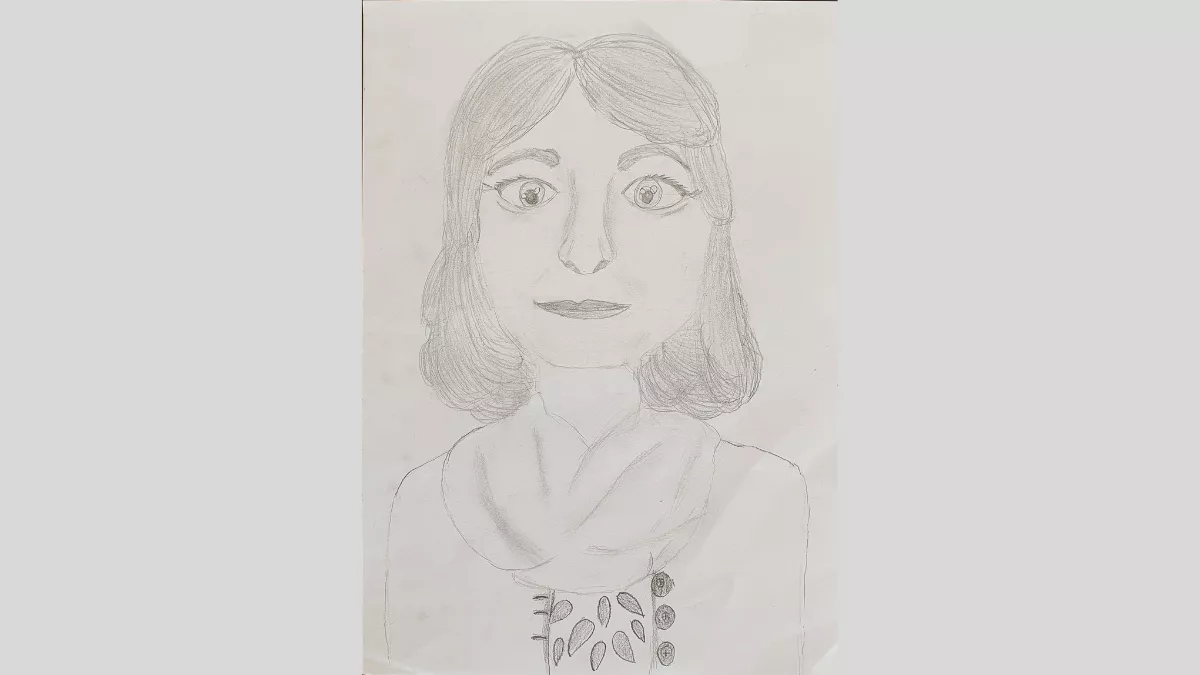 Drawing of Miss Beale. She is smiling, and wearing a scarf.