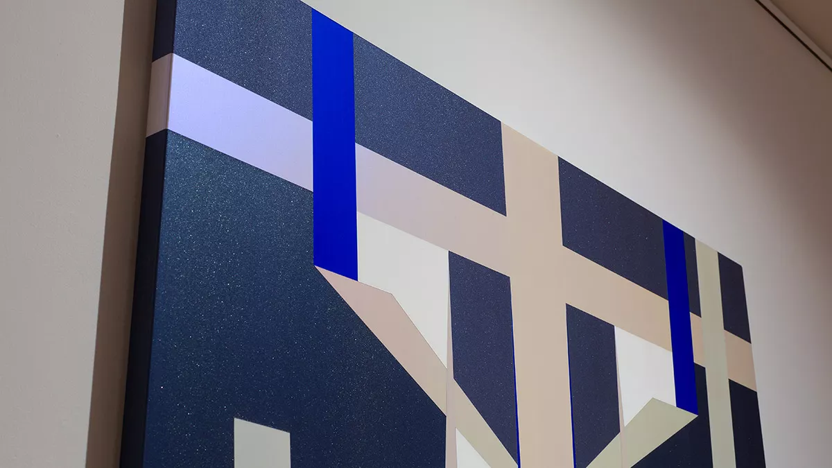 Detail of painting in 'Light Gestures: Samara Adamson- Pinczewski'. Painting has sharp lines and angles.