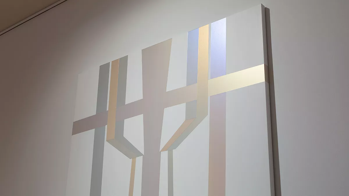 Detail of painting in 'Light Gestures: Samara Adamson- Pinczewski'. Painting has sharp lines and angles.
