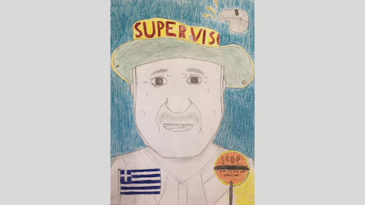 Drawing of Con, a school crossing supervisor. He is wearing his supervisor hat and is smiling.