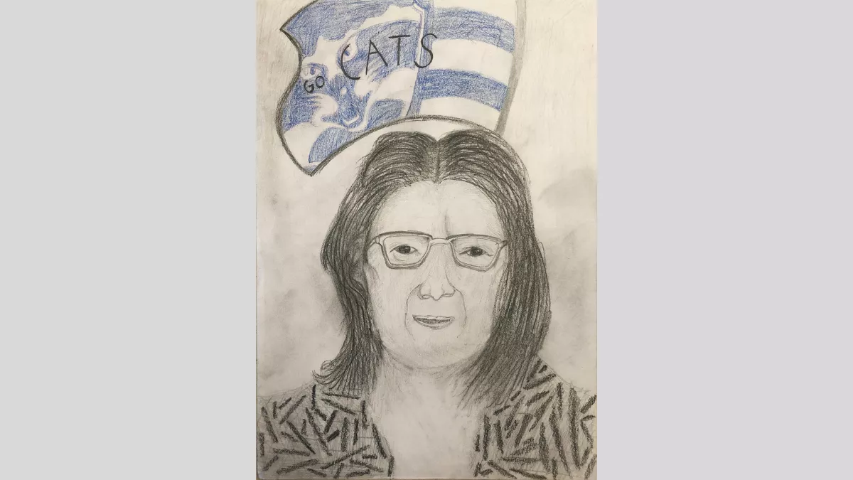 Drawing of Janice Miller. She has short hair and is wearing glasses. Behind her is Geelong Cats flag.