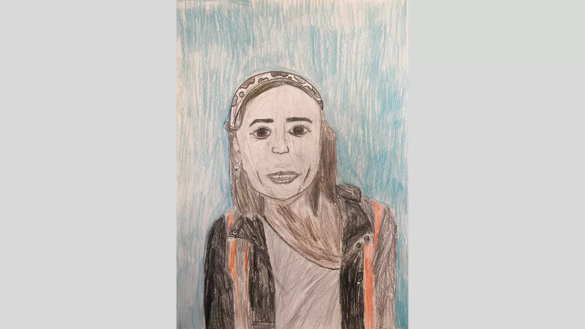 Frawing of Ms Kapoor. She is wearing a headband and a warm coat.