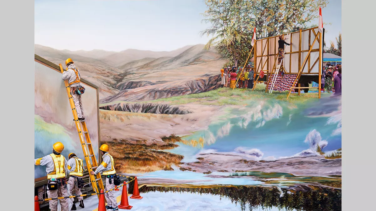 Oil painting on canvas. A hilly landscape. Top right of the painting has people standing around the back of a billboard. Bottom left has people standing around the front of a billboard.