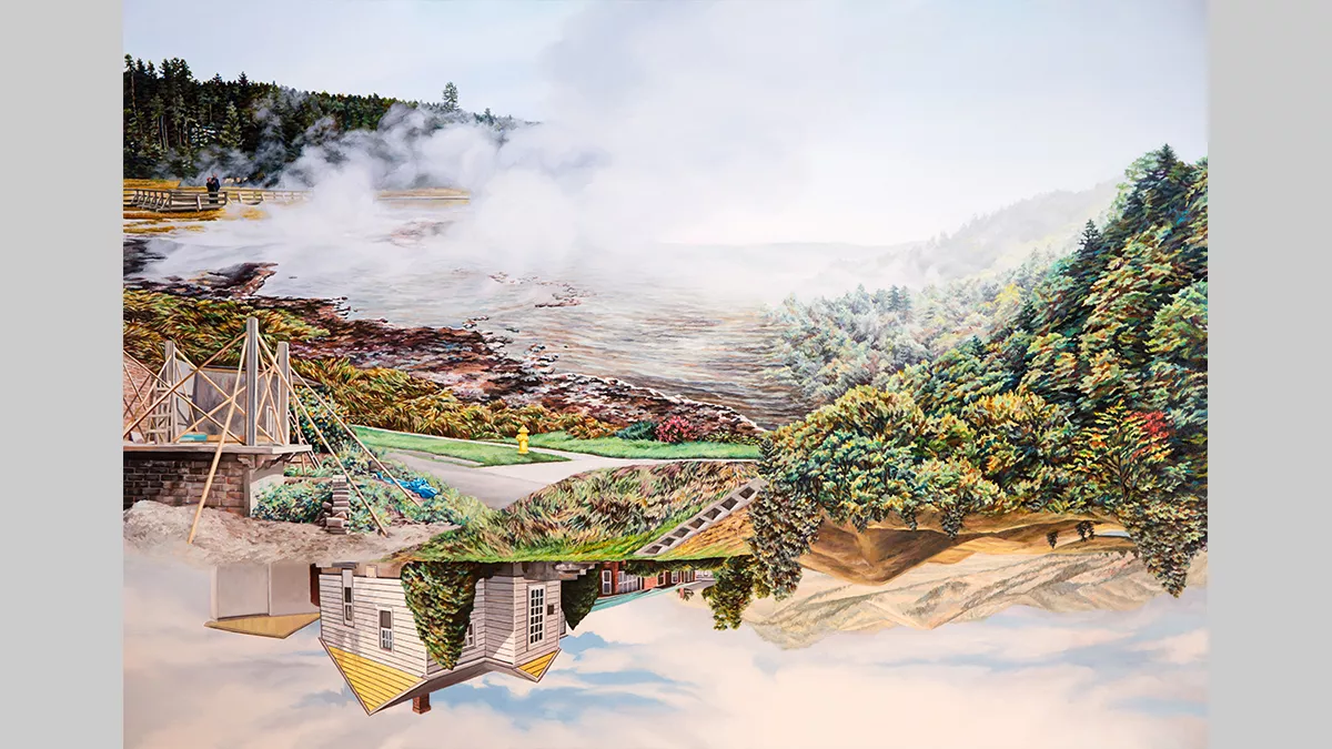 A painting of a hillside covered in smoke or mist and a upside down house.