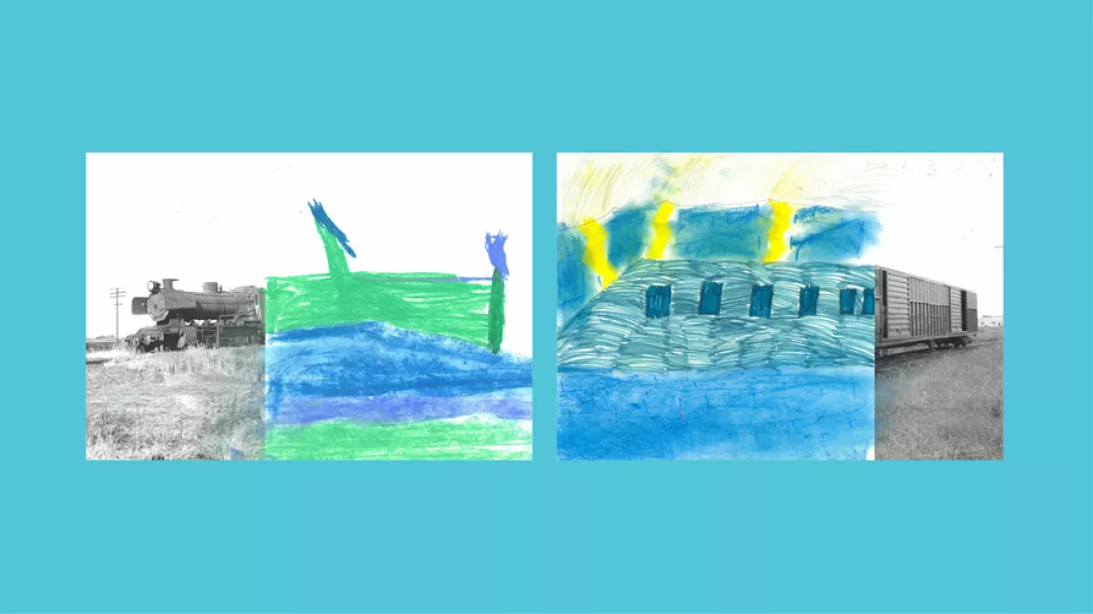 On the left, the front half of a train with the back half drawn by a child. On the right, the opposite.