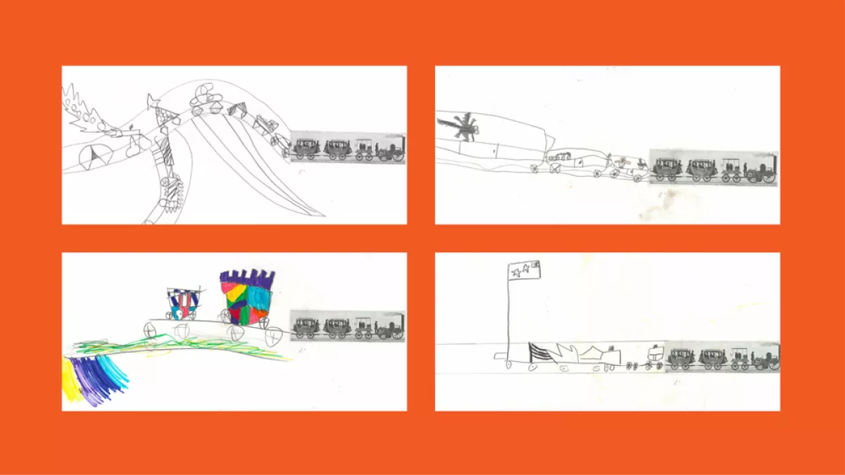 4 drawings by children of trains.