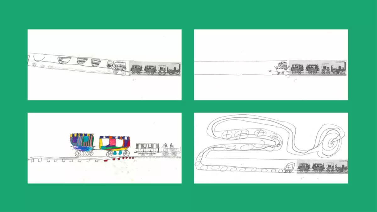 4 drawings of trains by children.