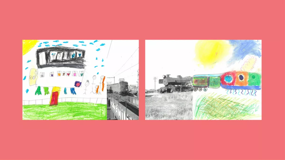 Sections of photos of trains, with the other halves drawn by children.