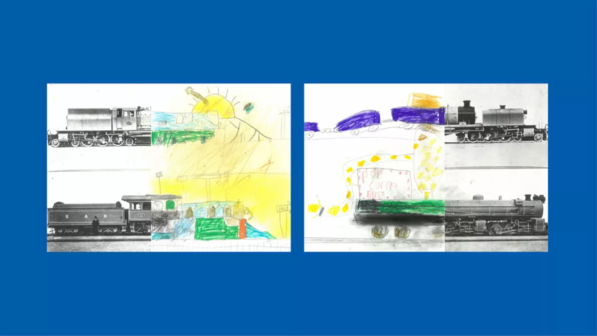 Sections of photos of trains, with the other halves drawn by children.