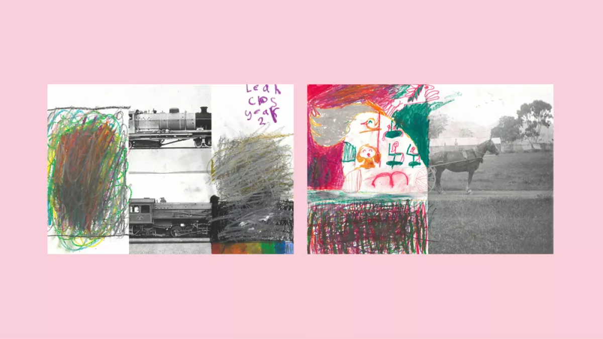 Half of two photos of a train with the other halves drawn by children. 