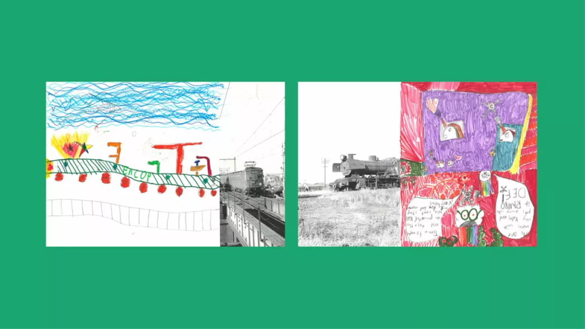Sections of photos of trains, with the other halves drawn by children.