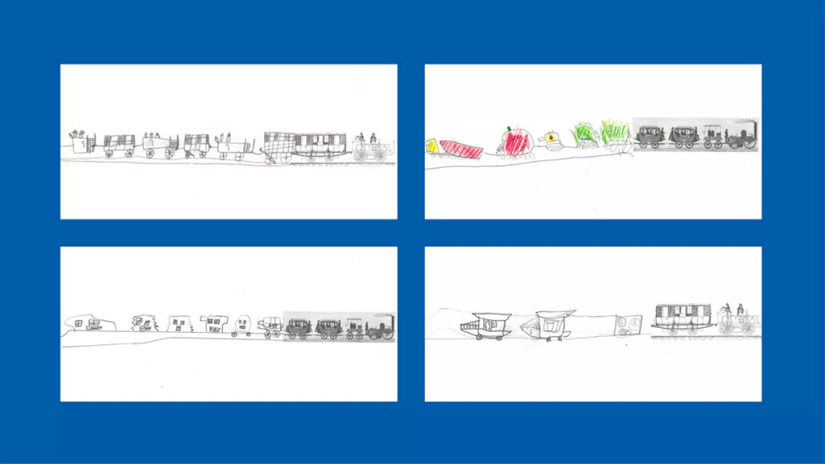 4 drawings of trains, drawn by children.