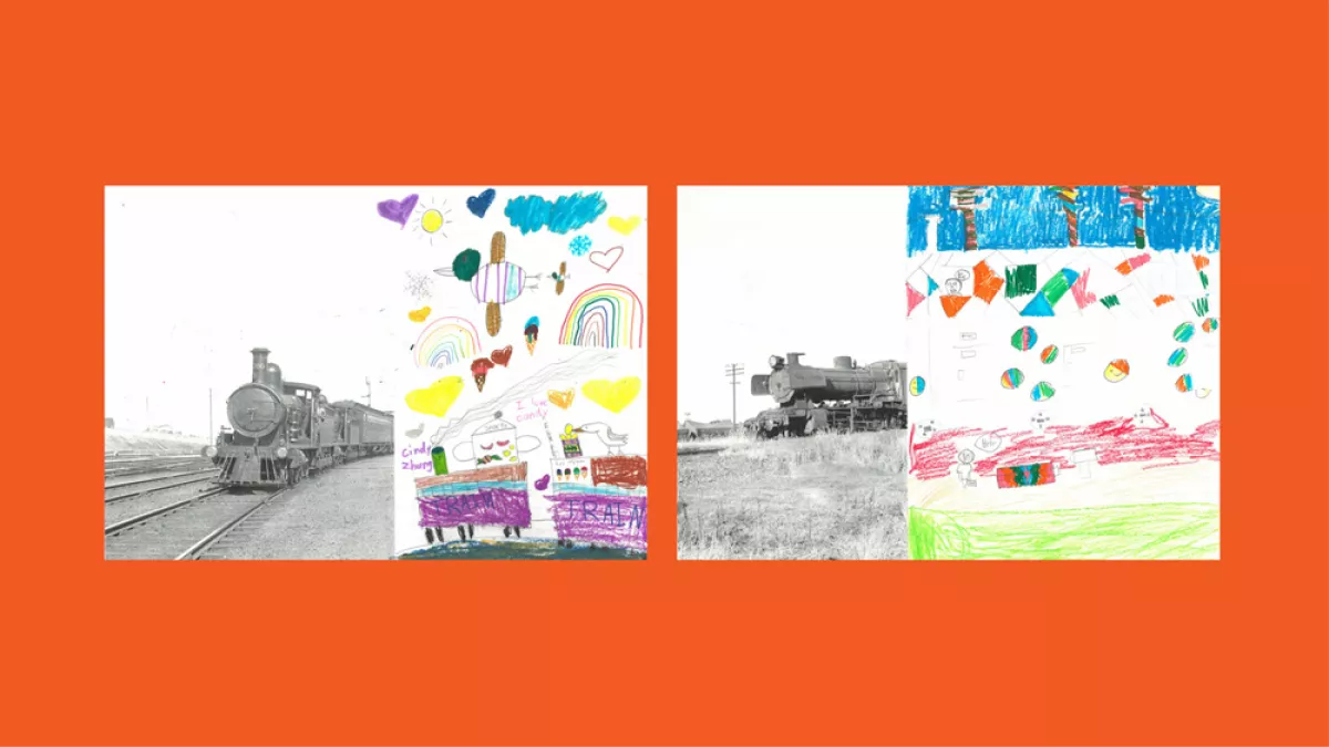 Sections of photos of trains, with the other halves drawn by children.