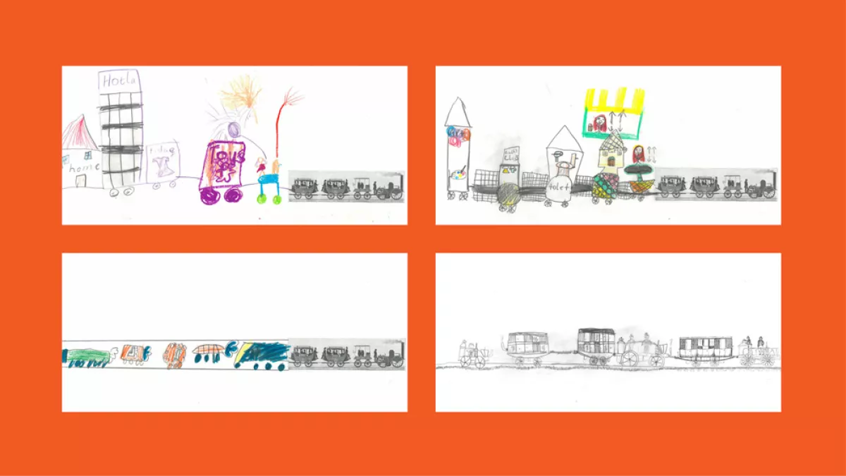 4 drawings of trains, done by children.