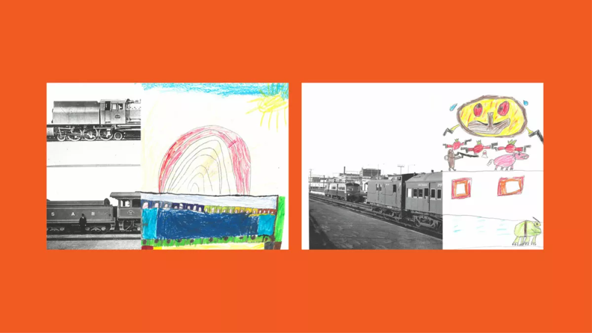 Sections of photos of trains, with the other halves drawn by children.