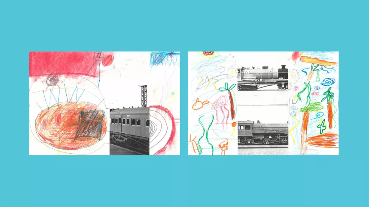 Sections of photos of trains, with the other halves drawn by children.