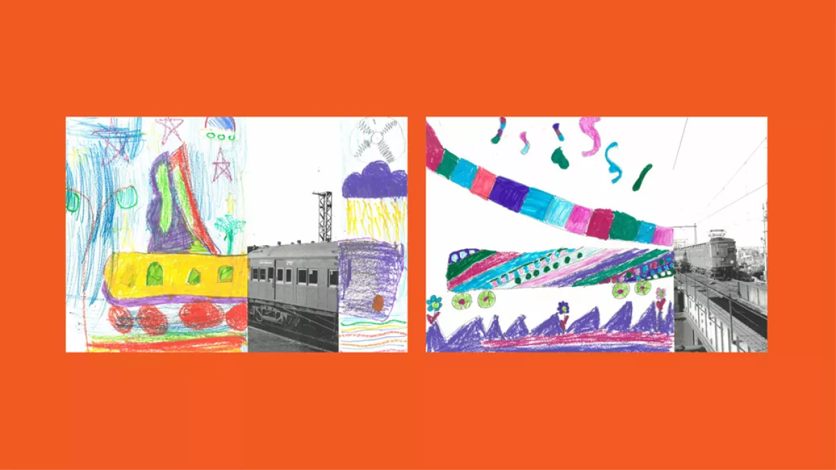 Sections of photos of trains, with the other halves drawn by children.