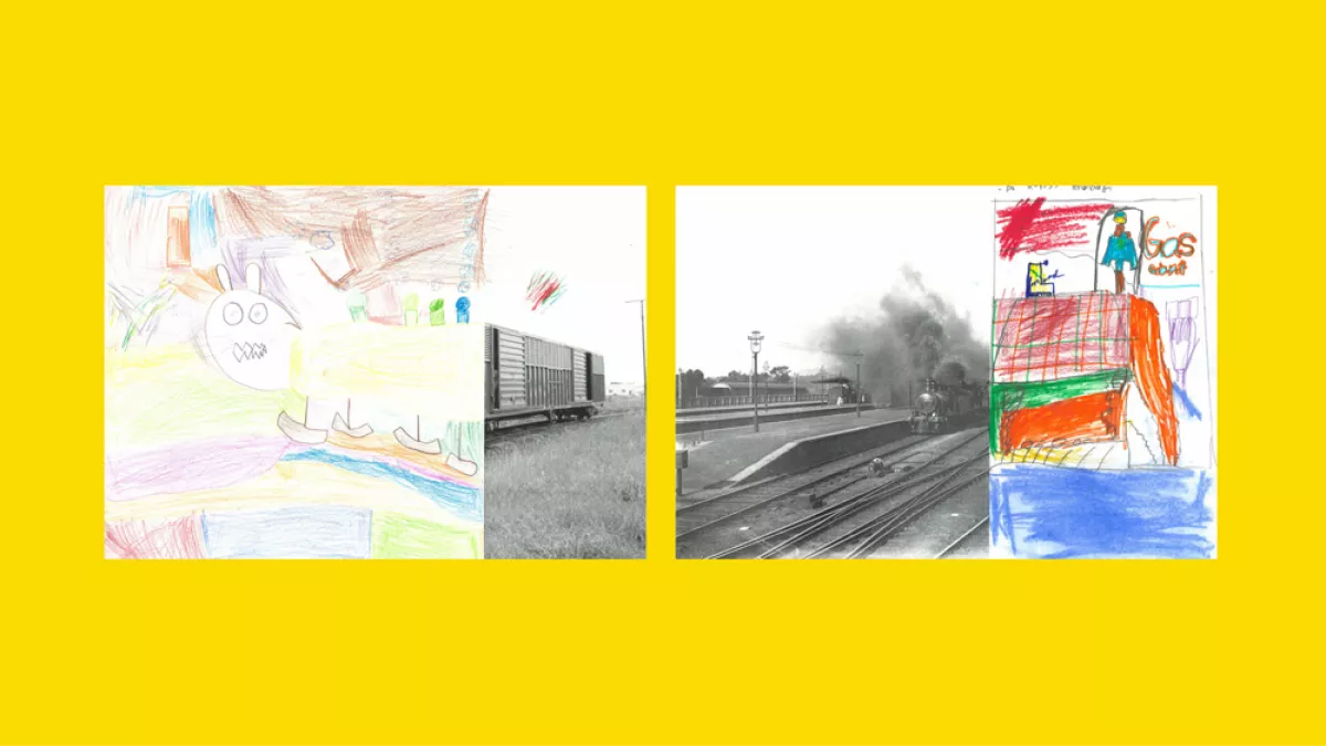 Sections of photos of trains, with the other halves drawn by children.