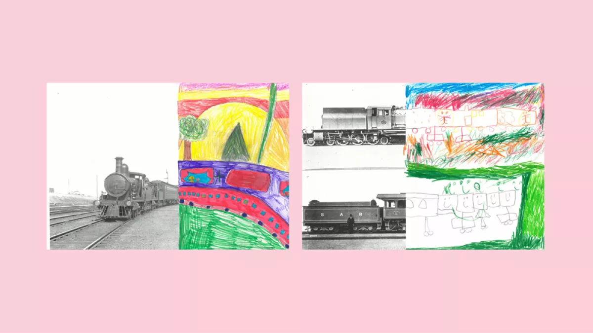 Sections of photos of trains, with the other halves drawn by children.