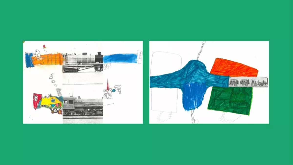 Sections of photos of trains, with the other halves drawn by children.