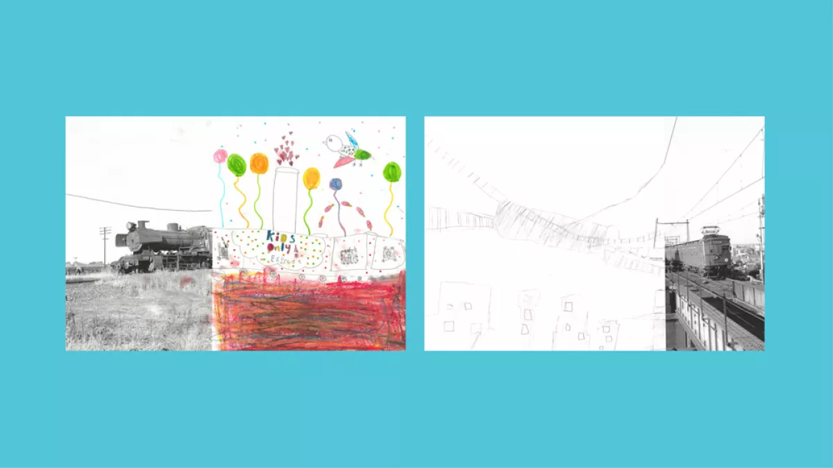 Sections of photos of trains, with the other halves drawn by children.