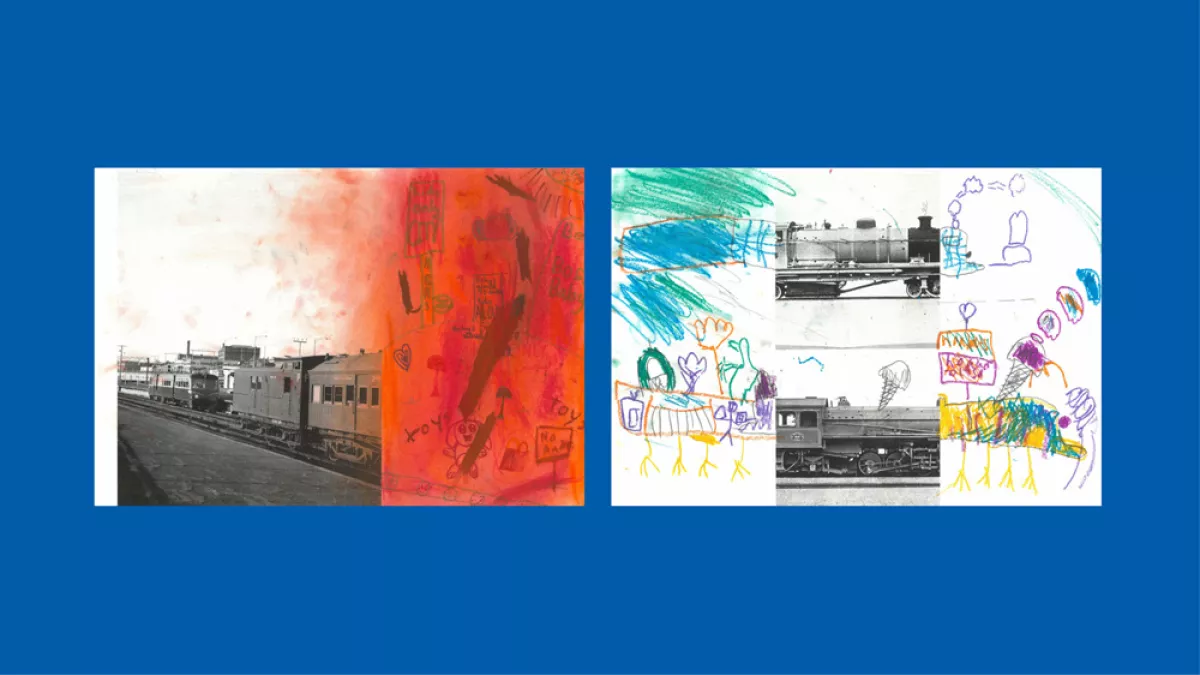 Sections of photos of trains, with the other halves drawn by children.