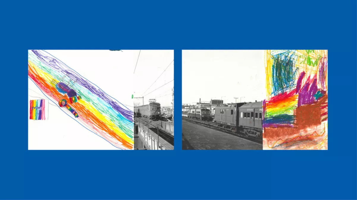 Sections of photos of trains, with the rest of the image drawn by children.