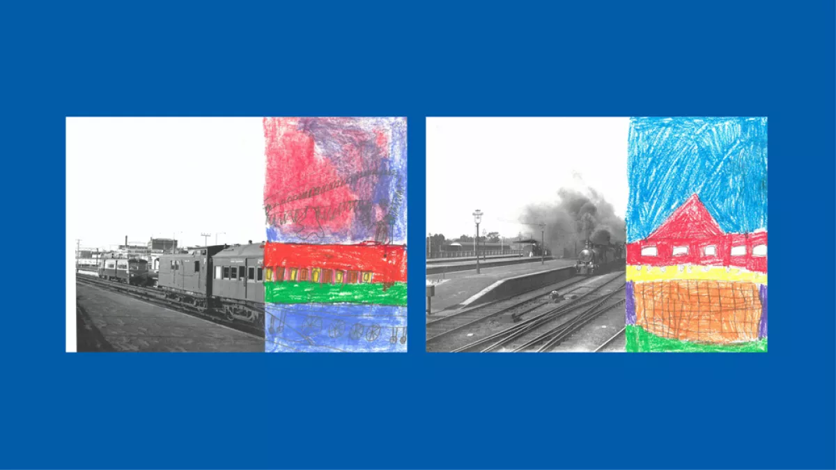 Sections of photos of trains, with the rest of the image drawn by children.