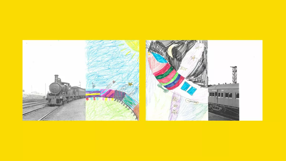 Sections of photos of trains, with the rest of the image drawn by children.