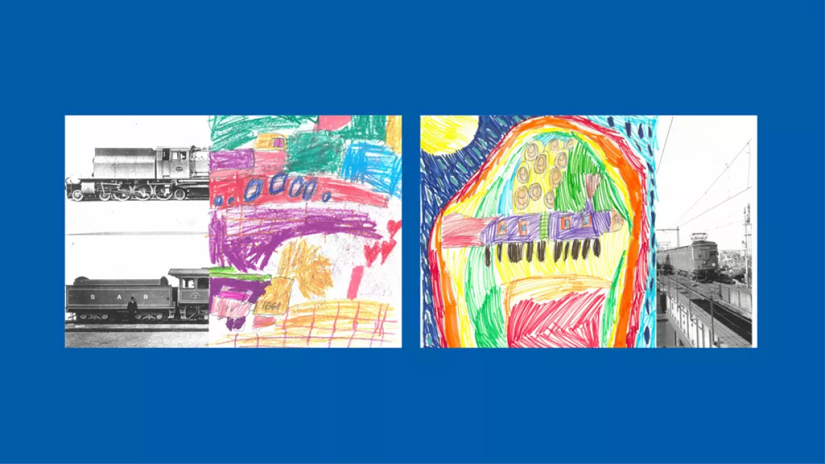 Sections of photos of trains, with the rest of the image drawn by children.