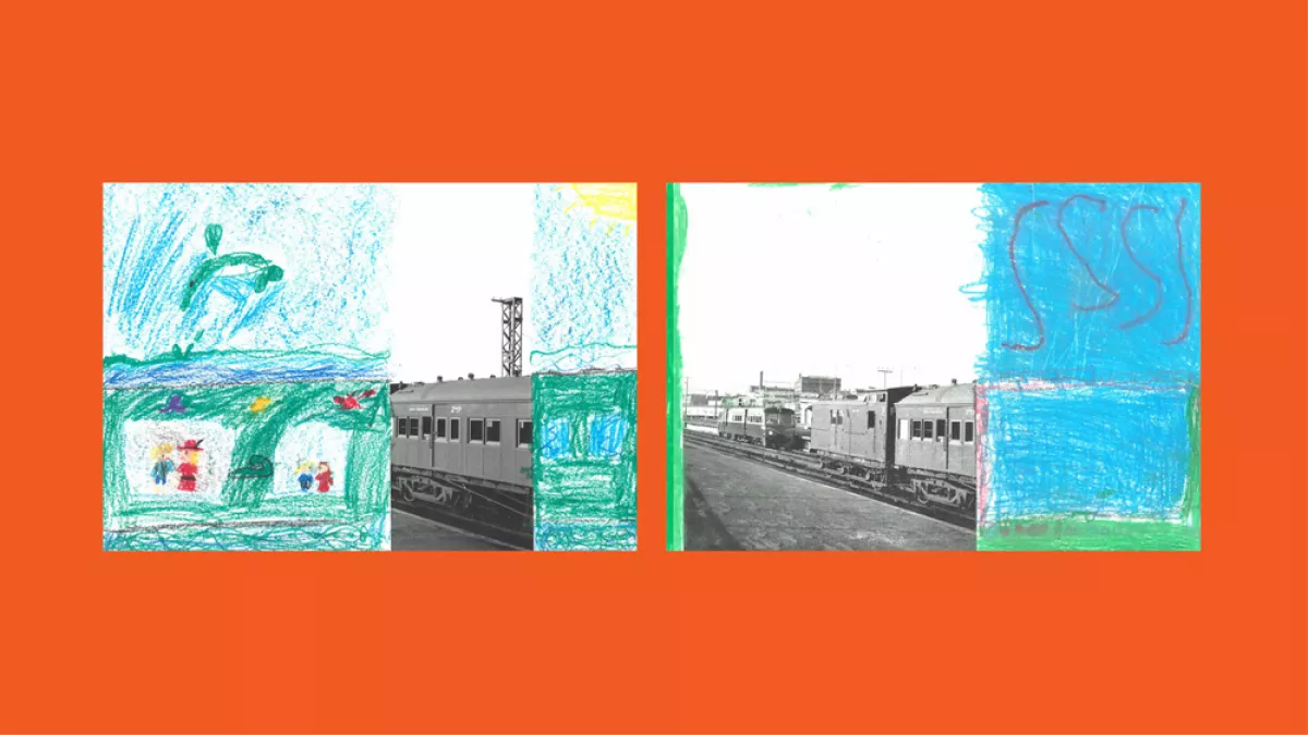 Sections of photos of trains, with the rest of the image drawn by children.