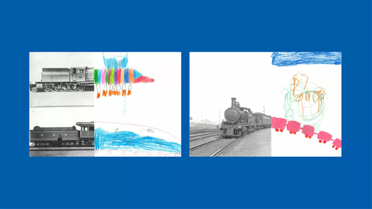 Sections of photos of trains, with the rest of the image drawn by children.